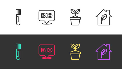 Set line Test tube and flask, Bio healthy food, Plant in pot and Eco friendly house on black and white. Vector