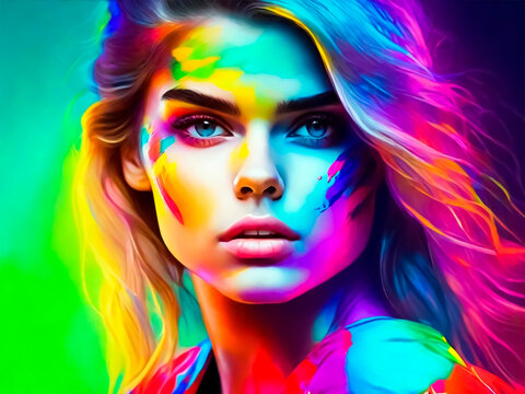 Beautiful face of pretty woman in a colorful pop art style with paint stains