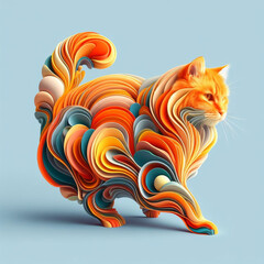 Colorful cat in abstract shape on blue background. 3d illustration