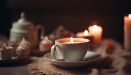 Candlelight and coffee create a cozy winter celebration of love generated by AI