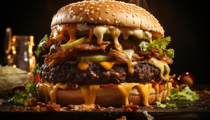 Grilled gourmet burger, fresh vegetables, rustic bun, homemade appetizer generated by AI