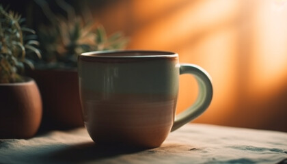 A rustic coffee table with a hot cappuccino in sunlight generated by AI