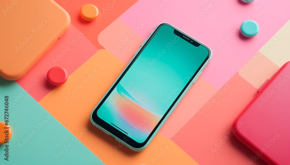 Poster modern wireless phone on empty table with colorful backdrop design generated by ai