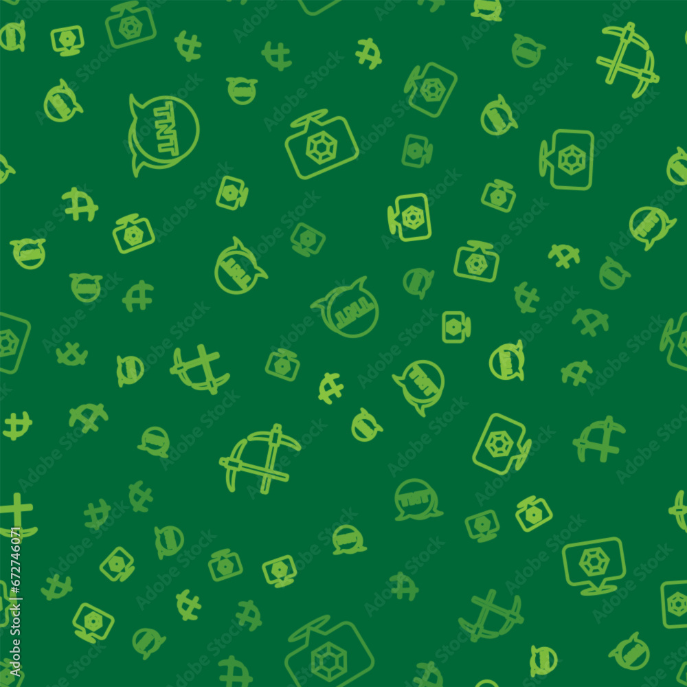Poster set line dynamite, pickaxe and gem stone on seamless pattern. vector
