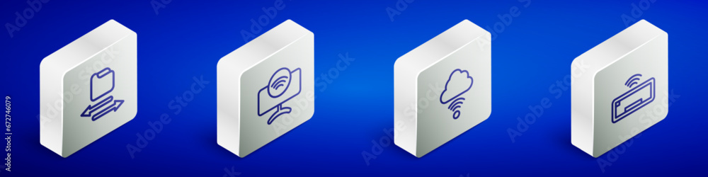 Poster set isometric line transfer files, smart tv system, network cloud connection and computer keyboard i