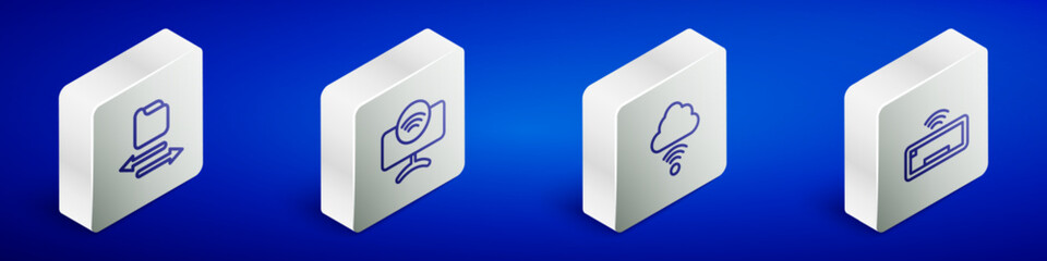 Obraz premium Set Isometric line Transfer files, Smart Tv system, Network cloud connection and Computer keyboard icon. Vector
