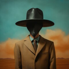 A mysterious gentleman in a black hat and full face covered with a black mask wearing a coat. Generative AI