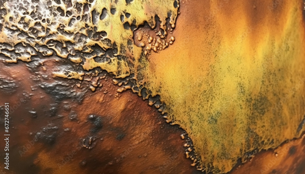 Poster yellow honey drop on textured metal creates abstract pattern generated by ai