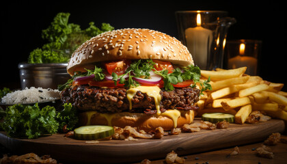 Grilled cheeseburger with fries, a classic American fast food meal generated by AI