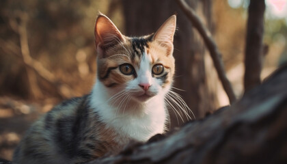 Naklejka na ściany i meble Cute striped kitten staring at camera in nature beauty generated by AI