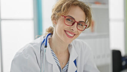 Young woman doctor wearing glasses smiling at the clinic