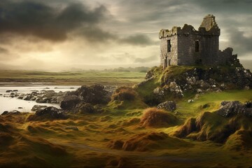 Scenic Ireland with ancient structure and magical ambiance. Generative AI