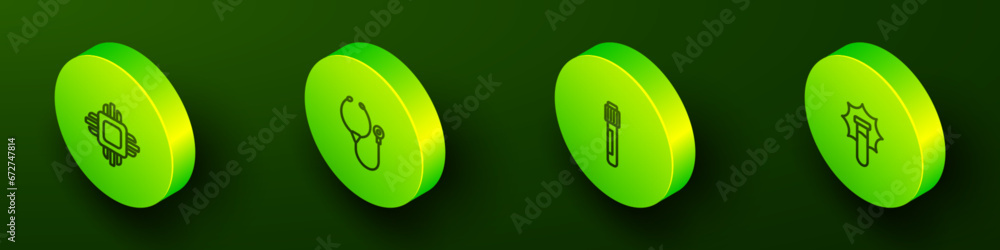 Poster set isometric line processor cpu, stethoscope, test tube and explosion in the flask icon. vector