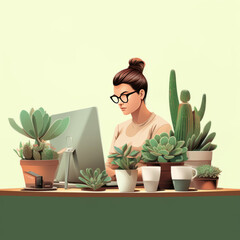 tech illustration, woman working at desk  simple minimal.generate ai