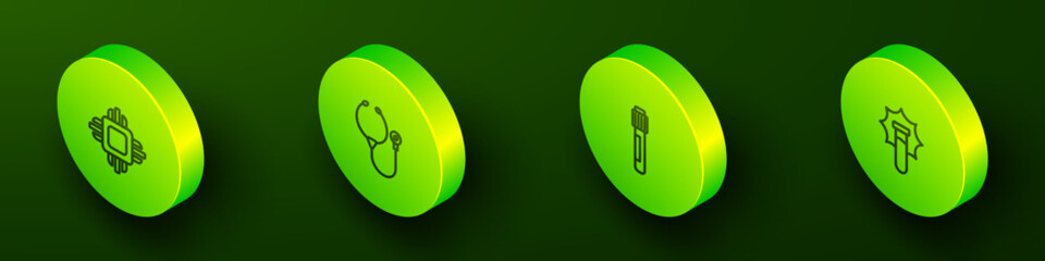 Set Isometric line Processor CPU, Stethoscope, Test tube and Explosion in the flask icon. Vector