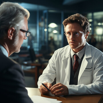 Doctor in a white coat talking to a patient