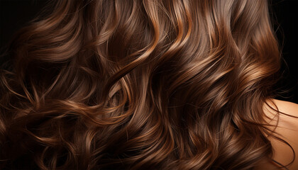 Fototapeta premium Healthy hair brunette advertisement model. Brunette girl Smiling beautiful model woman with long curly hairstyle. Care and beauty hair products Copy space