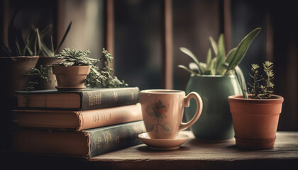 Green growth on rustic shelf, window view, coffee warmth generated by AI