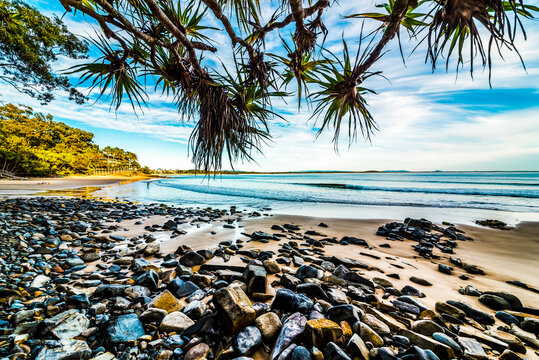 Noosa Beach with rocks and pandanas