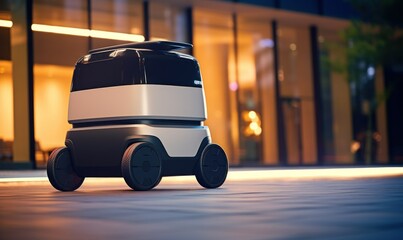 Modern automated food delivery robot riding on city street