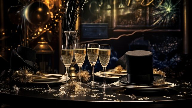 A table set for a New Year's Eve celebration, complete with champagne flutes and party hats.