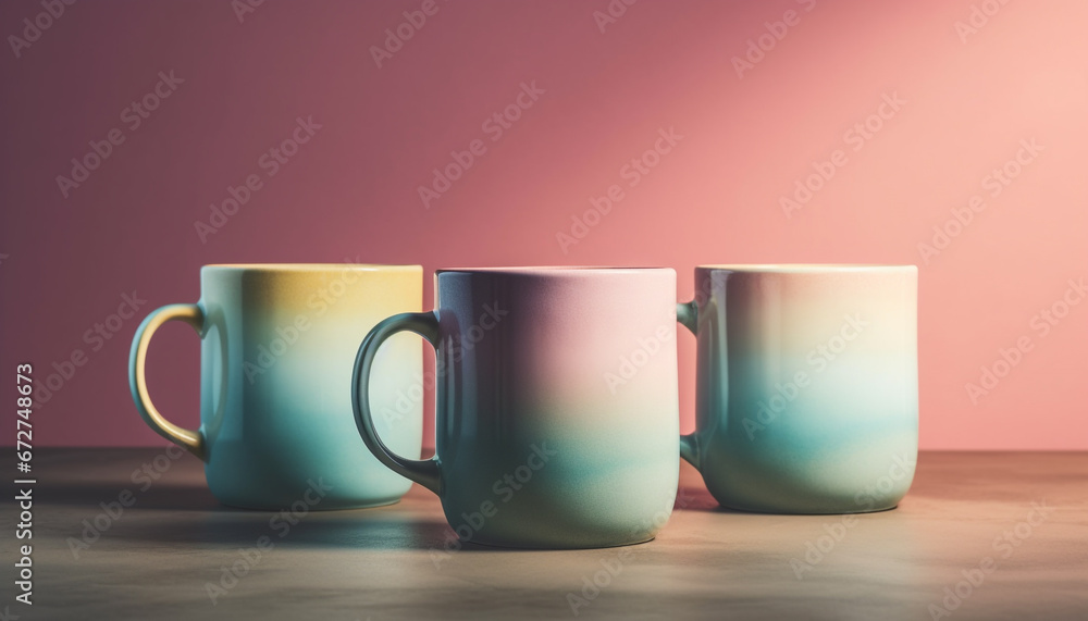 Poster stack of multi colored mugs on wooden table in studio shot generated by ai