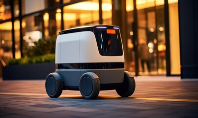 Modern automated food delivery robot riding on city street