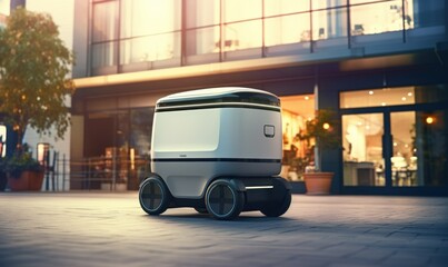 Modern automated food delivery robot riding on city street