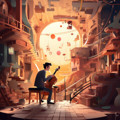 The musician played the beautiful concert , slice perspective, cartoon style.generate ai