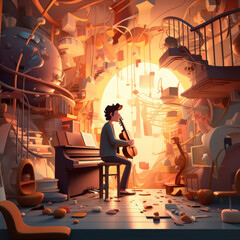 The musician played the beautiful concert , slice perspective, cartoon style.generate ai