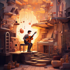 The musician played the beautiful concert , slice perspective, cartoon style.generate ai
