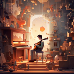 The musician played the beautiful concert , slice perspective, cartoon style.generate ai