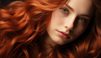Obraz premium Long Curly Red Hair. Fashion Woman Portrait. Beauty Model Girl with Luxurious Hair, Make up and Accessories. Hairstyle. Wavy Hair Extensions Concept.