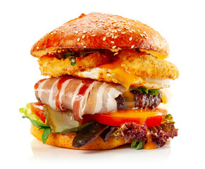 Fresh tasty burger with bacon and egg .