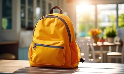 school backpack on a table in classroom on sunny morning - obrazy, fototapety, plakaty