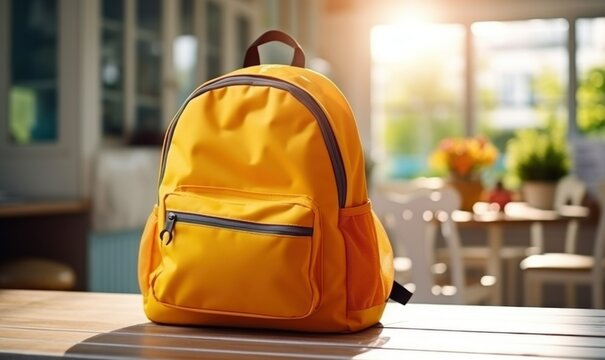 school backpack on a table in classroom on sunny morning