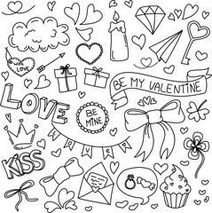 Cute valentines day doodle vector set. Hand drawn fashion elements for kids. Love and animal , Labels, gift box , heart, arrow, wings, flowers set, cute cat, women, start, plant vector illustration.