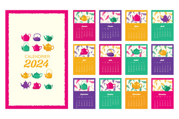 Modèle de calendrier 2024. Calendrier mensuel 2024 avec de jolies théières aux couleurs pop. Un calendrier moderne pour le bureau, l'organisateur