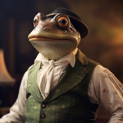 Man Frog Anthropomorphic Serious stupid Person sitting in vintage retro clothes: suite and tie. Business Concept - obrazy, fototapety, plakaty