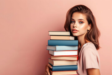 Back to school creative portrait, young beautiful girl with stack books. ai generative