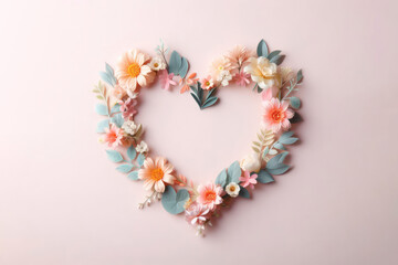 Obraz premium Creative Spring frame in heart shape made of fresh pastel flowers and leaves. ai generative