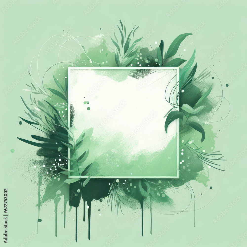 Aufkleber green background with green frame and splashes of paint. ai generative
