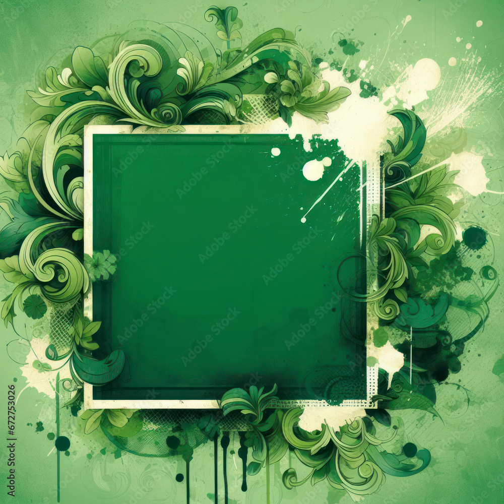 Poster green background with green frame and splashes of paint. ai generative