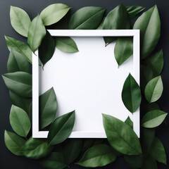 Green leaves with white square frame. Creative Layout. ai generative