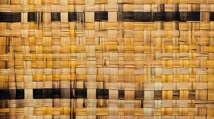 Texture of a wicker, flat wicker basket weave texture, natural colors of rattan and bark, raffia, bamboo, straw cloth-like texture background for craft, hobby, fall. Earth natural material, pattern. 