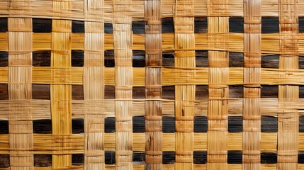 Texture of a wicker, flat wicker basket weave texture, natural colors of rattan and bark, raffia, bamboo, straw cloth-like texture background for craft, hobby, fall. Earth natural material, pattern. 