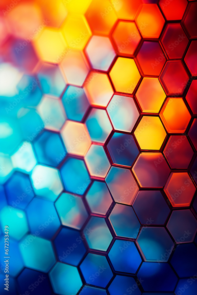 Aufkleber colored luminous various hexagon cells. abstract science composition with shallow depth of field.