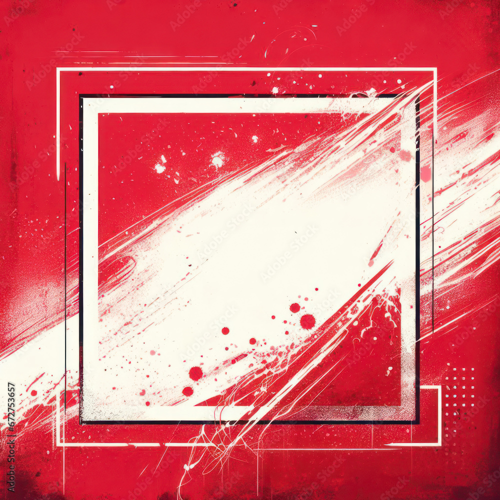 Poster Red background with white frame and splashes of paint. ai generative