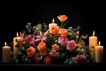 Obraz premium Beautiful flowers and candles on black background.Funeral Concept