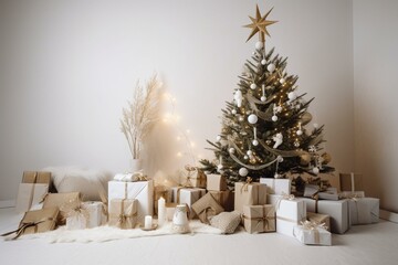 Festive scene featuring a decorated tree and presents placed on a white backdrop. Generative AI